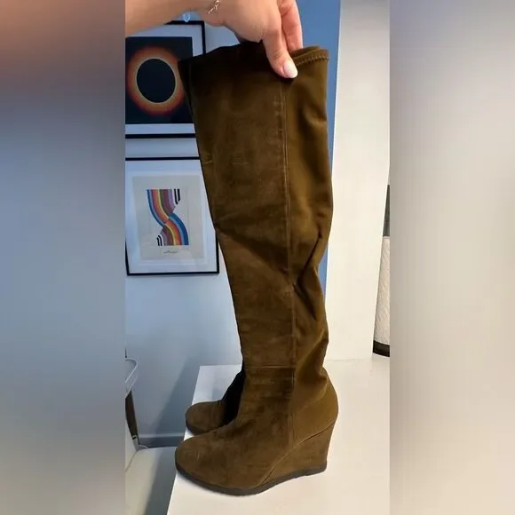 Stuart Weitzman Demiswoon Olive Green Suede Over the Knee Wedge Boots - Picture 6 of 8